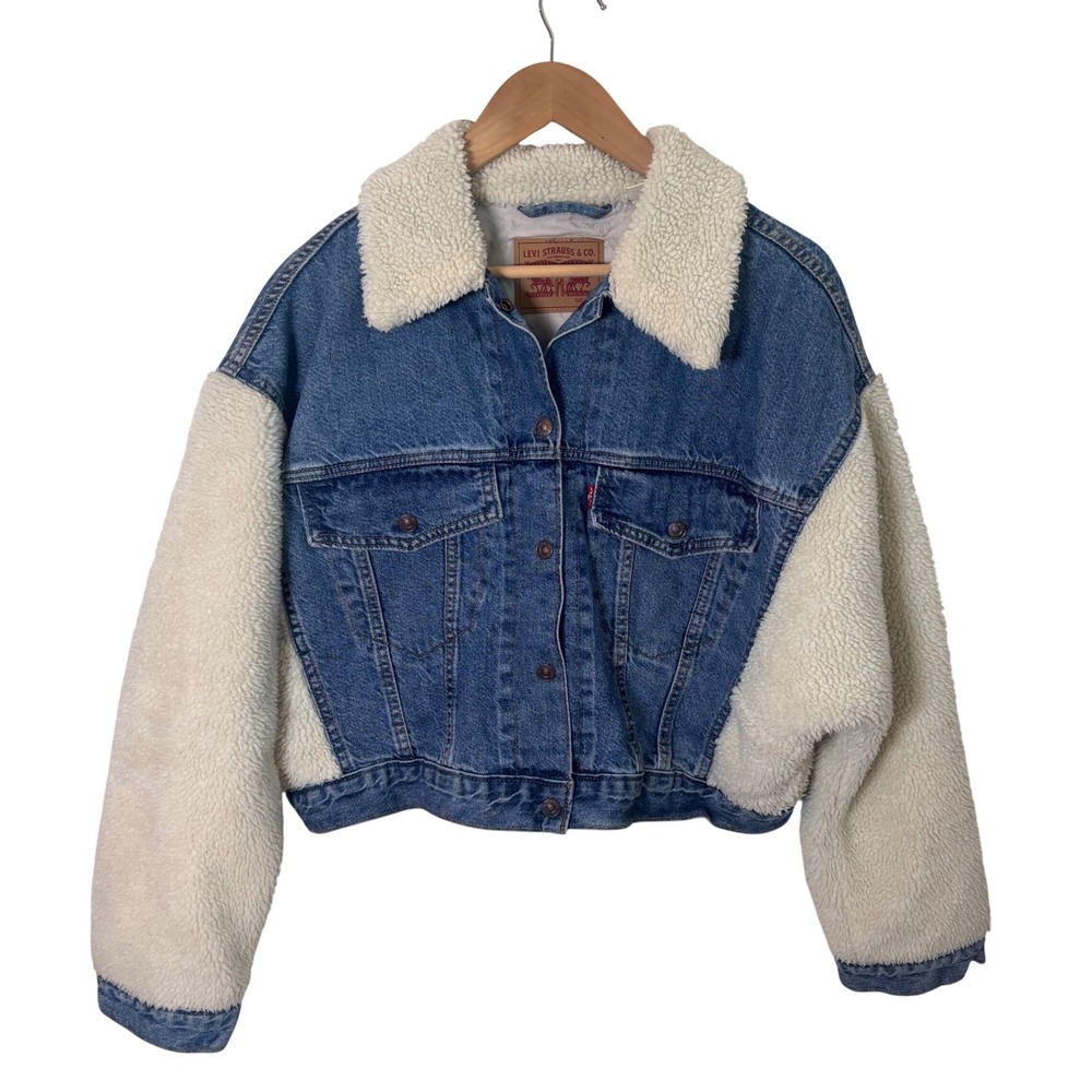 Levi Strauss Denim Sherpa Trucker Jacket Sz M Side Panel Snap Front Rare
